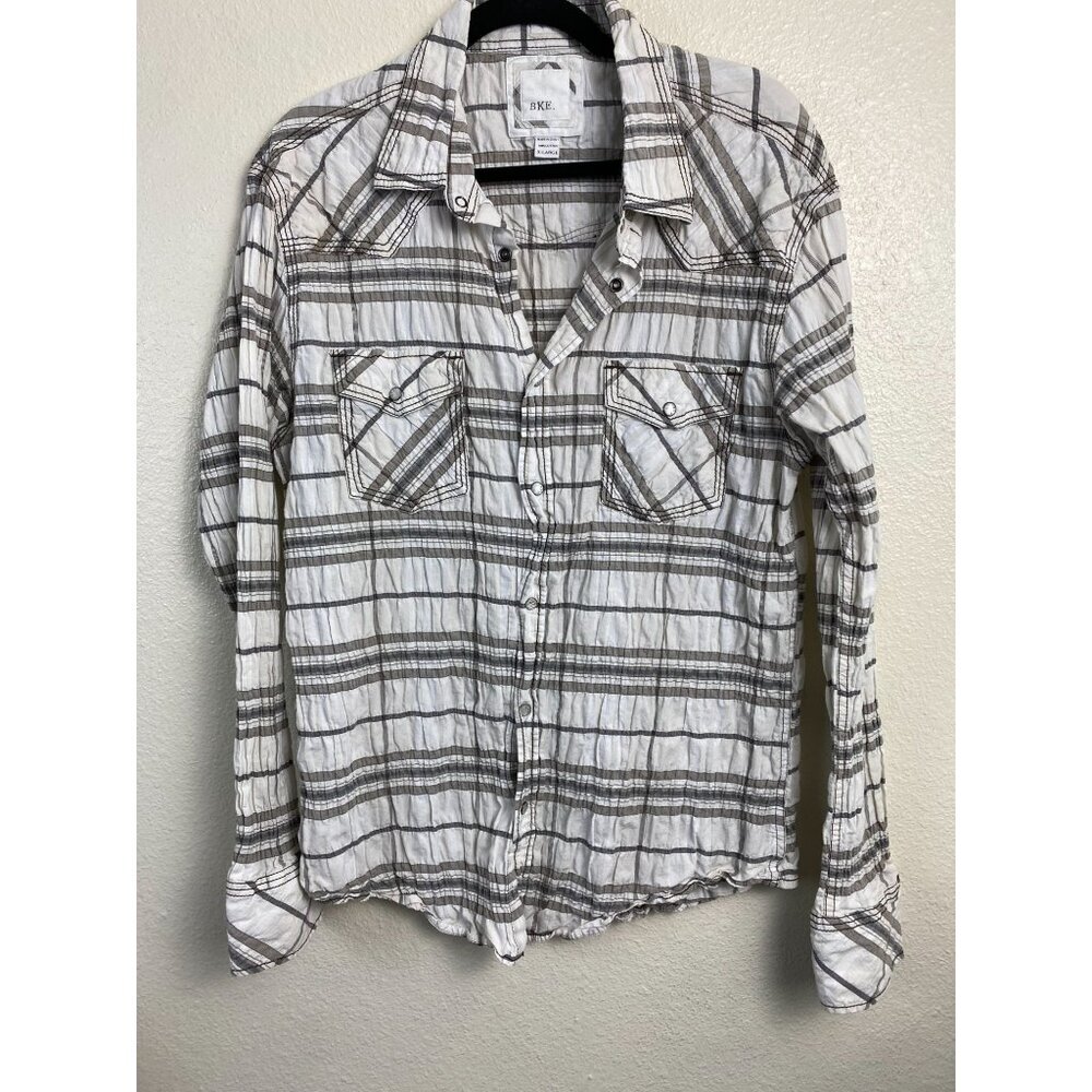 BKE Mens Plaid Shirt size XL‎ Cotton Pearl Snap Slim Fit Crinkle Western Cream